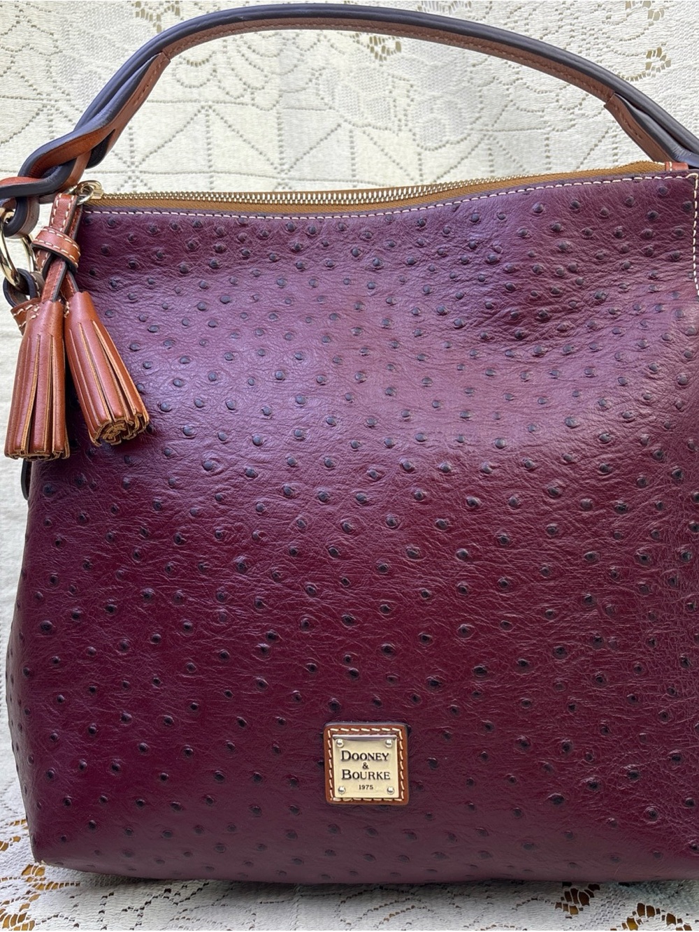 Dooney & Bourke Burgundy Ostrich-Embossed Leather Shoulder Bag with Tassels